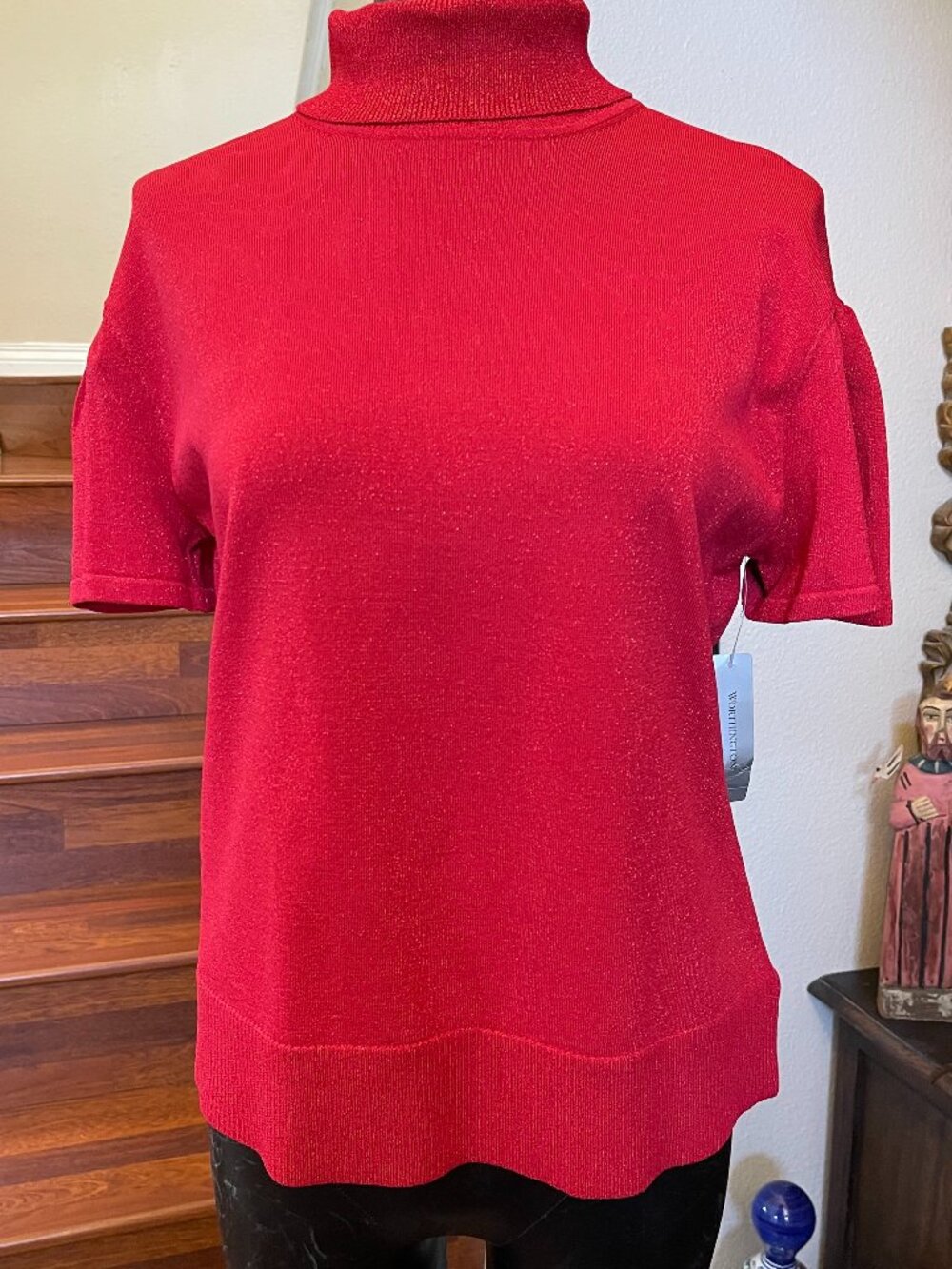 Worthington Women's XL Red w/Gold Threading Short Sleeve Turtleneck Knit Top NEW